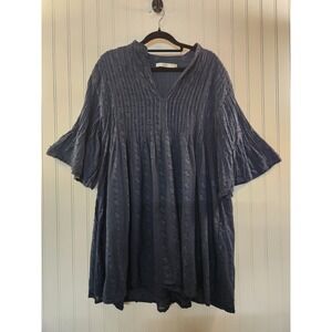 Dolma Women Teal Pintuck Bodice Bell Sleeve Peasant Tunic Top Size M Boho Flowy